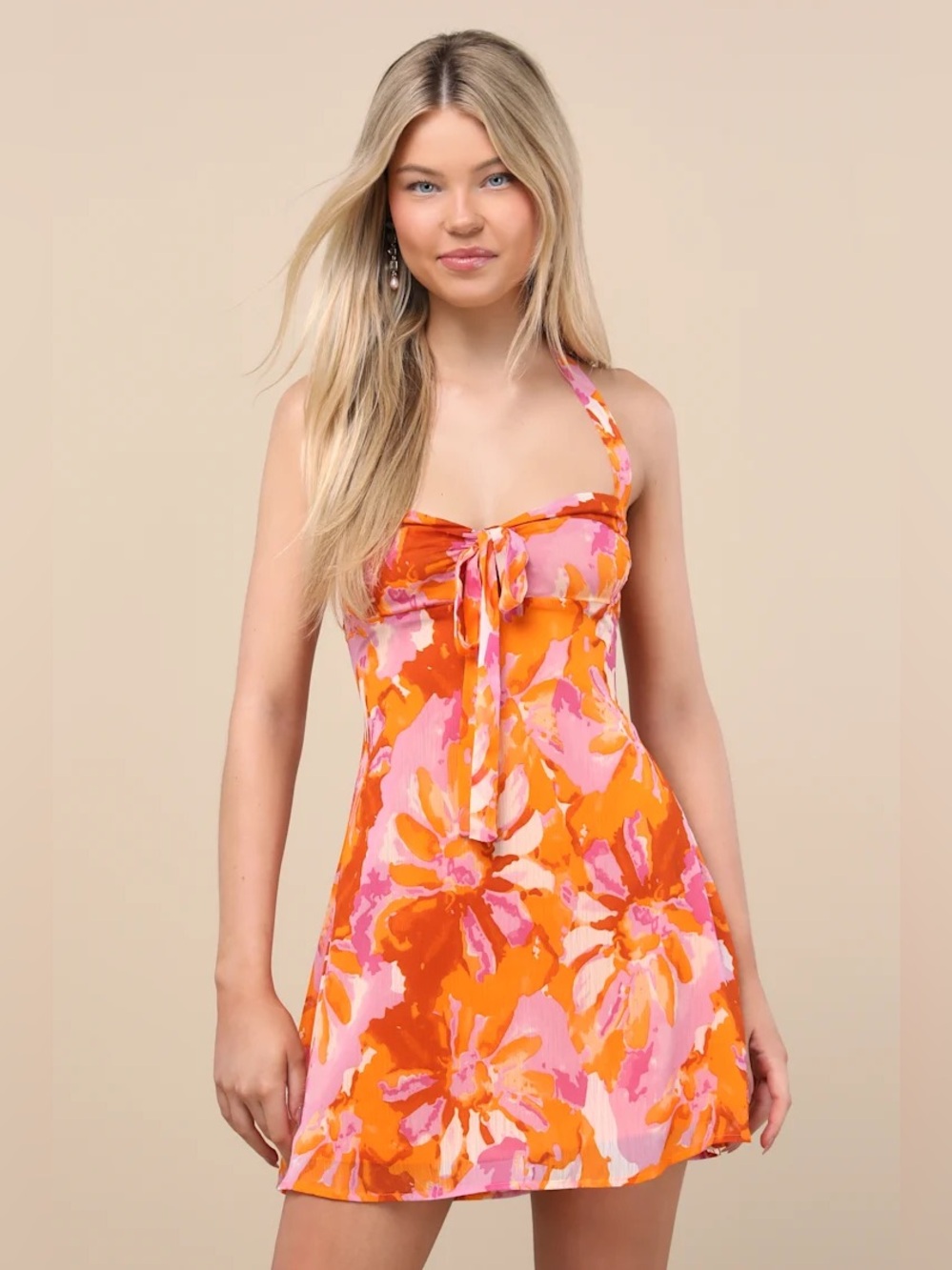 Lulus Sabine Orange Multi Floral Halter Mini Dress Size L NWT